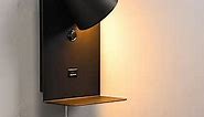 Modern LED Plug in Wall Sconces, Wall Light Fixtures with USB Charging Port and Shelf, 2800K, 6W, 600lm, Rotatable Reading Wall Lamp for Bedroom, Living Room, Black