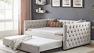 Flieks Upholstered Full Size Daybed with Twin Trundle, Full Size Button Tufted Sofa Bed Daybed with Copper Nail on Square Arms and Wood Slat Support (Beige)