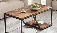 2-Tier Industrial Rectangle Rustic Coffee Table for Living Room Small Spaces, Living Room Center Table with Storage Shelf and Stable Metal Simple Modern Open Design, Easy Assembly, Adjustable Feet
