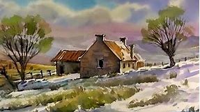 Watercolor Landscape Painting : Winter farm