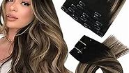 Moresoo Balayage Clip in Hair Extensions Human Hair 10 Inch Remy Clip on Hair Extensions Human Hair Ombre Black to Brown Mix Caramel Blonde Double Weft Clip in Extensions Real Human Hair 5PCS 70G