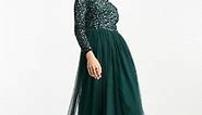 Maya Bridesmaid long sleeve maxi tulle dress with tonal delicate sequin in emerald green | ASOS