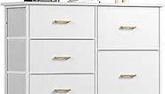 YILQQPER Dresser for Bedroom with 5 Drawers, Tv Stand, White Dresser for Closet Organizers and Storage, Living Room, Hallway, Wide Dresser with Fabric Bins, Leather Finish, Wood Top (Glacier White)