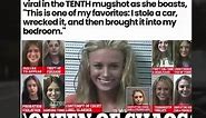 Former Kentucky sorority girl, Rayanna Brock, dubbed the Queen of Chaos, goes viral in the TENTH mugshot as she boasts, "This is one of my favorites: I stole a car, wrecked it, and then brought it into my bedroom." #QueenOfChaos #Kentucky #sorority #mugshots #story #funny #memes #reels | Memedroid