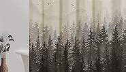 Mountain Shower Curtain 72 inch Misty Forest Foggy Mysterious Pine Forest Nature Linen Fabric Shower Curtain Set for Cool Bathroom Water Repellent Textured Heavy Cloth Black Trees Shower Curtain