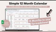 Simple Organization Calendar Google Sheets Template - Undated 12 Month Calendar - Life School Work