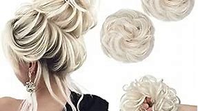 SARLA Updo Messy Bun Hair Piece White Blonde Synthetic Fake Scrunchies Ponytail Extension Wavy Curly for Women Girls 2PCS