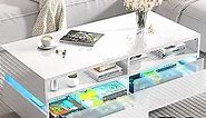 HOMFAMILIA Modern LED Coffee Table w/ 2 Big Storage Drawers,High Glossy 2-Tier White Coffee Table w/ 60000-Color LED Lights,App Control,Rectangle Center Table w/Open Shelf for Living Room Bedroom