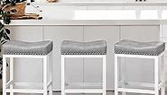 LUE BONA Counter Height Bar Stools, 24 Inch Saddle Backless Bar Stools Set of 3 for Kitchen Counter, Faux Leather Counter Stools with White Metal Legs, Modern Kitchen Island stools, Light Gray