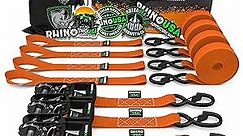 RHINO USA Ratchet Straps Tie Down Kit, 5,208 Break Strength - Includes (4) Heavy Duty Rachet Tiedowns with Padded Handles & Coated Chromoly S Hooks + (4) Soft Loop Tie-Downs