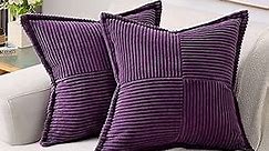 Purple Throw Pillow Covers 18x18 Inch Set of 2,Soft Solid Corduroy Striped/Wide Bordered,Square Decorative Cushion Case,Winter Home Decorations for Couch,Bed