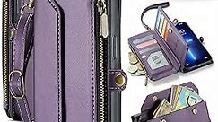 Crossbody for iPhone 13 Pro Max Phone Case Wallet【RFID Blocking】with 10-Card Holder Zipper Bills Slot, Soft PU Leather Magnetic Wrist Strap for iPhone 13 Pro Max Wallet Case for Women,Purple