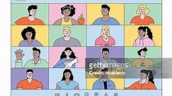 Video meeting with diverse group of people. Editable vectors on...