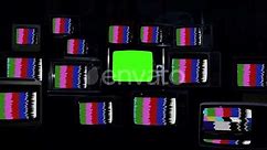 Old TV with Green Screen and Many Retro TVs with Color Bars. (Stock Footage)