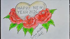 Happy new year 2024 Easy Art || Happy new year 2024 drawing || Happy new year drawing with flower