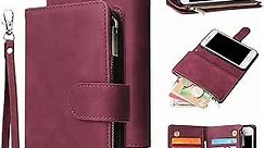 UEEBAI Wallet Case for iPhone SE 2022 5G/iPhone 7/iPhone 8/iPhone SE 2020,Premium PU Leather Magnetic Handbag Zipper Pocket Card Slots with Wrist Strap Flip Case for iPhone SE3/SE2 - Wine Red