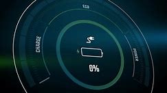 Battery charging digital display animation showing process of electric car battery charging. The charge indicator shows the progress of charging an electric car.