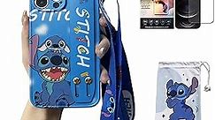 Hosiss Cartoon Case for iPhone 11 6.1'' with HD Screen Protector, Stitch Upgraded Wrist Strap Band Adjustable Lanyard TPU Shockproof Protective Phone Case for Women