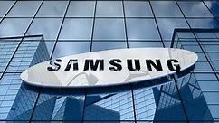 Editorial use only, 3D animation, Samsung logo on glass building.