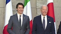 CIRCA 2022 G7 Heads of State and Government gather for their official portrait at the G7 Leaders meeting in Brussels.