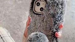 Fluffy Bunny Case for New SE 2, Grey Furry Rabbit Fur Cover Plush Case with Ears Fur Ball Protective Case for Girls, Stuffed Plush Animal Cute Phone Case for 7/8/SE 2020…