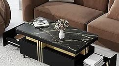 Merax Coffee Table with Faux Marble Top, Modern Center Table with 2 Drawers & Caster Wheels, Contemporary Luxury Cocktail Table with Gold Metal Bars for Living Room, Black