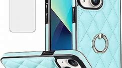 Phone Case for iPhone 13 Mini 5.4 inch with Tempered Glass Screen Protector Ring Holder Kickstand Soft Quilted Leather Non-Slip Protective Cover iPhone13mini i-Phone i iPhone13 13mini Women Men Green