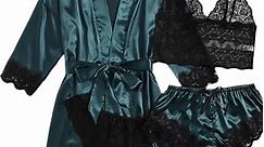 Sexy Lingerie, LOFIR Silk Satin Pajamas for Women, Womens Summer Pajamas Pjs Sets of 4 Pcs with Floral Lace Top Shorts and Robe, Gift for Women, Deep Green, XXL