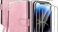 QsmQam [8 in 1] for iPhone 14 Pro Case Wallet PU Leather with 3 Card Holder Stand Accessories Women Men Protective Flip Phone Cover 2 Pack Screen Protector 2 Pack Camera Lens Protector-Rose