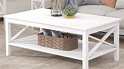 ChooChoo Coffee Table Classic X Design for Living Room, Rectangular Modern Cocktail Table with Storage Shelf, 39 Inch (White)