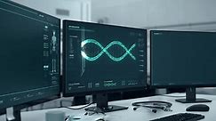 Microbiology scanner is analyzing the virtual DNA spiral. A microbiology scanner is studying the composition of the DNA structure. The scanner is inspecting the DNA spiral for microbiology study. UI.