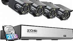 ZOSI 4K Security PoE Camera System with Audio, 8CH H.265+ NVR with 2TB HDD for 24/7 Recording, 4 x 8MP PoE IP Cameras Outdoor Indoor, Starlight Color Night Vision, Human Detection, Smart Light Alarm