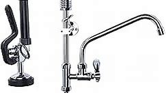 Commercial Kitchen Faucet Wall Mount with Pre-Rinse Sprayer 8 Inch Center Wall Mount Kitchen Sink Faucet with 9.6" Add-on Swing Spout 25" Height Faucet with Pull Down Spray