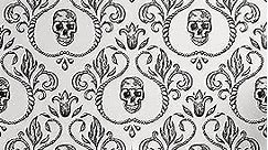 Lunarable Skull Peel & Stick Wallpaper for Home, Vintage Ornamental Skeleton Part Baroque Illustration Floral Arrangement, Self-Adhesive Living Room Kitchen Accent, 13" x 36", Dark Charcoal Black