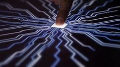Digital AI Computer Activates Secure System With Fingerprint Scan. Super AI Computers Integrating With Human Life.