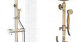 Antique Brass Shower Fixture Bathroom Shower Faucet Set 8 Inch Rainfall Shower Head Handled Shower Waterfall Tub Spout Wall Mounted Outdoor Shower System with Shower Shelf