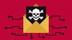 Email with virus hacking computer system. Pixel art animation.
