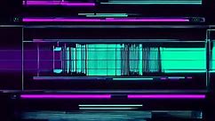 A glitchy purple and green screen with a flickering effect