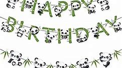Zwiebeco Birthday Party Decoration Supplies Green Black White Happy Birthday Sign Banner Bamboo Leaves Pandas Banner Hanging Paper Garland Bunting for Babys Kids Pandas Themed Birthday Decorations