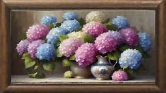 Framed art screensaver 4k. Spring screensaver with hydrangea floral painting.