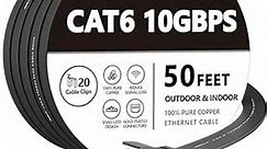 Cat 6 Ethernet Cable 50 ft, Outdoor & Indoor, 10Gbps Support Cat8 Cat7 Network, Heavy Duty Flat Internet LAN Patch Cord, High Speed Weatherproof Cable with Clips for Router, Modem, PS4/5, Xbox, Black