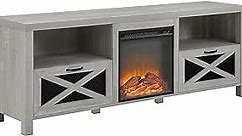 Walker Edison Calgary Industrial Farmhouse X-Drawer Metal Mesh and Wood Fireplace TV Stand for TVs up to 80 Inches, 70 Inch, Stone Grey