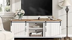 WAMPAT Farmhouse TV Stand with Sliding Barn Door for 65 75 Inch TV, Wood Entertainment Center with Media Console Storage Cabinet & Adjustable Shelves for Living Room, 70'',White