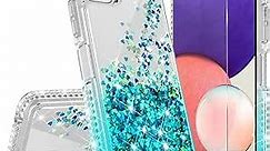 Liquid Glitter Phone Case for Boost Mobile Celero 5g / Samsung Galaxy A22 5G Case w[Tempered Glass Screen Protector] Bling Diamond Girls Women - Aqua/Clear