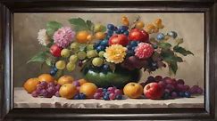 Beautiful screensaver. Colorful still life oil painting background with fruits and berries.