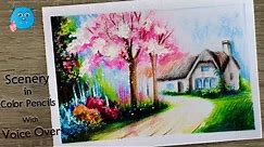 How to draw Nature Scenery | A beautiful garden painting for beginners in color pencils step by step