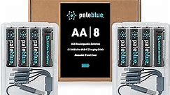 USB Rechargeable AA Batteries by Pale Blue, Lithium Ion 1.5v 1700 mAh, Charges Under 1 Hours, Over 1000 Cycles, 4-in-1 USB-A to USB-C Charging Cable, LED Charge Indicator, 8-Pack