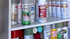 DIY spray paint cabinet - a storage solution for small spaces. #diycabinets #spraypaint #garageorganization #garagemakeover #storagecabinet #diy #diyproject #garagegoals #garage #slidingshelves #keepittidy #homeimprovement #diyhomeimprovement #diyhome #garageworkshop