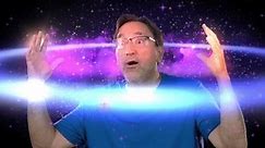A man gives the mind blown meme gesture. Space background.