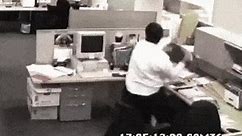 Funny guy smashes desktop computer at office